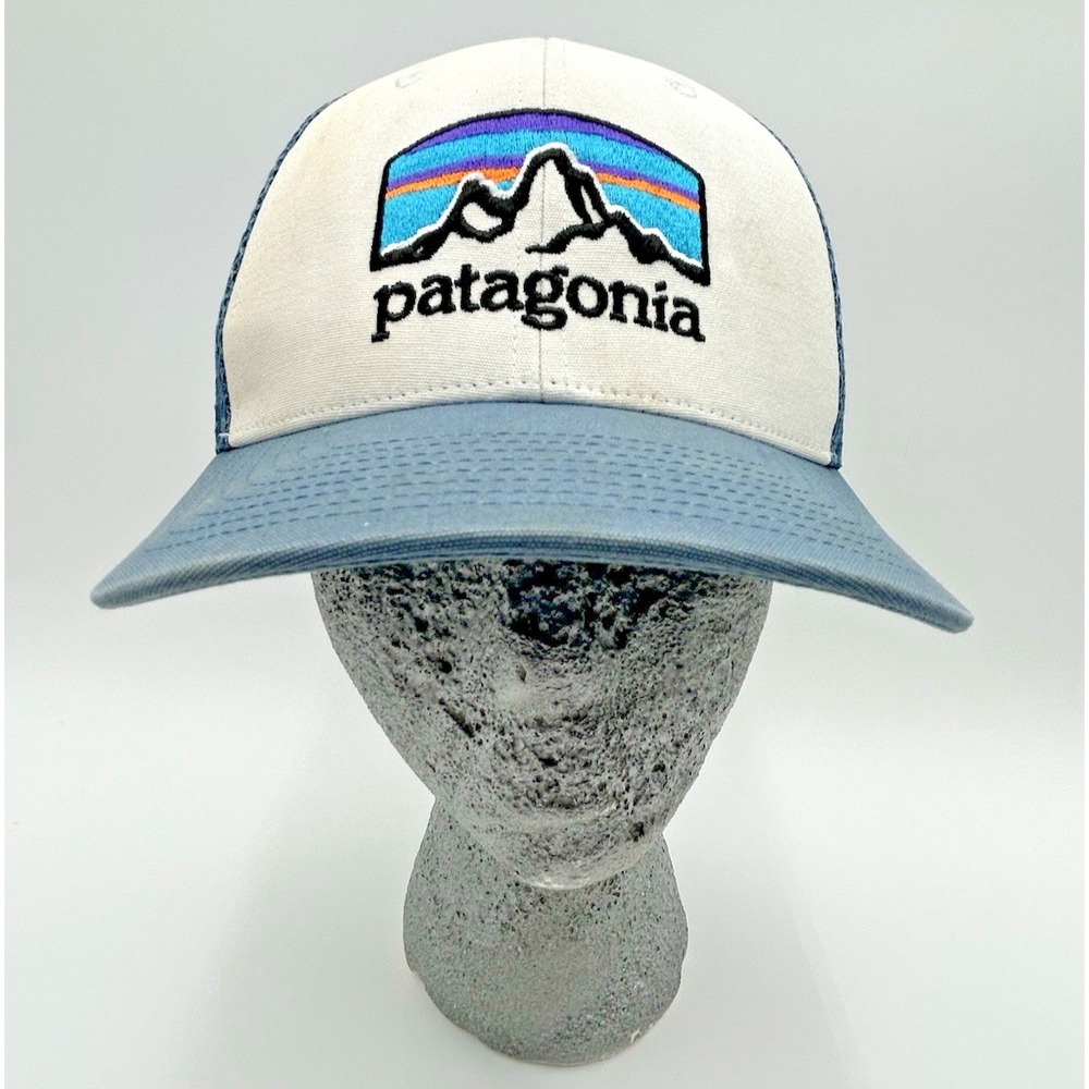 Patagonia Hat Cap Snap Back Mens One Size White Blue Trucker‎ Mesh Embroidered